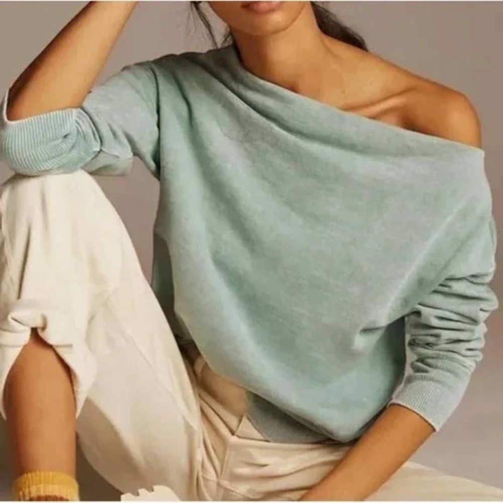 Anthropologie Pilcro Green Wide Neck Cotton Donna Tunic Pullover Sweatshirt Sz L